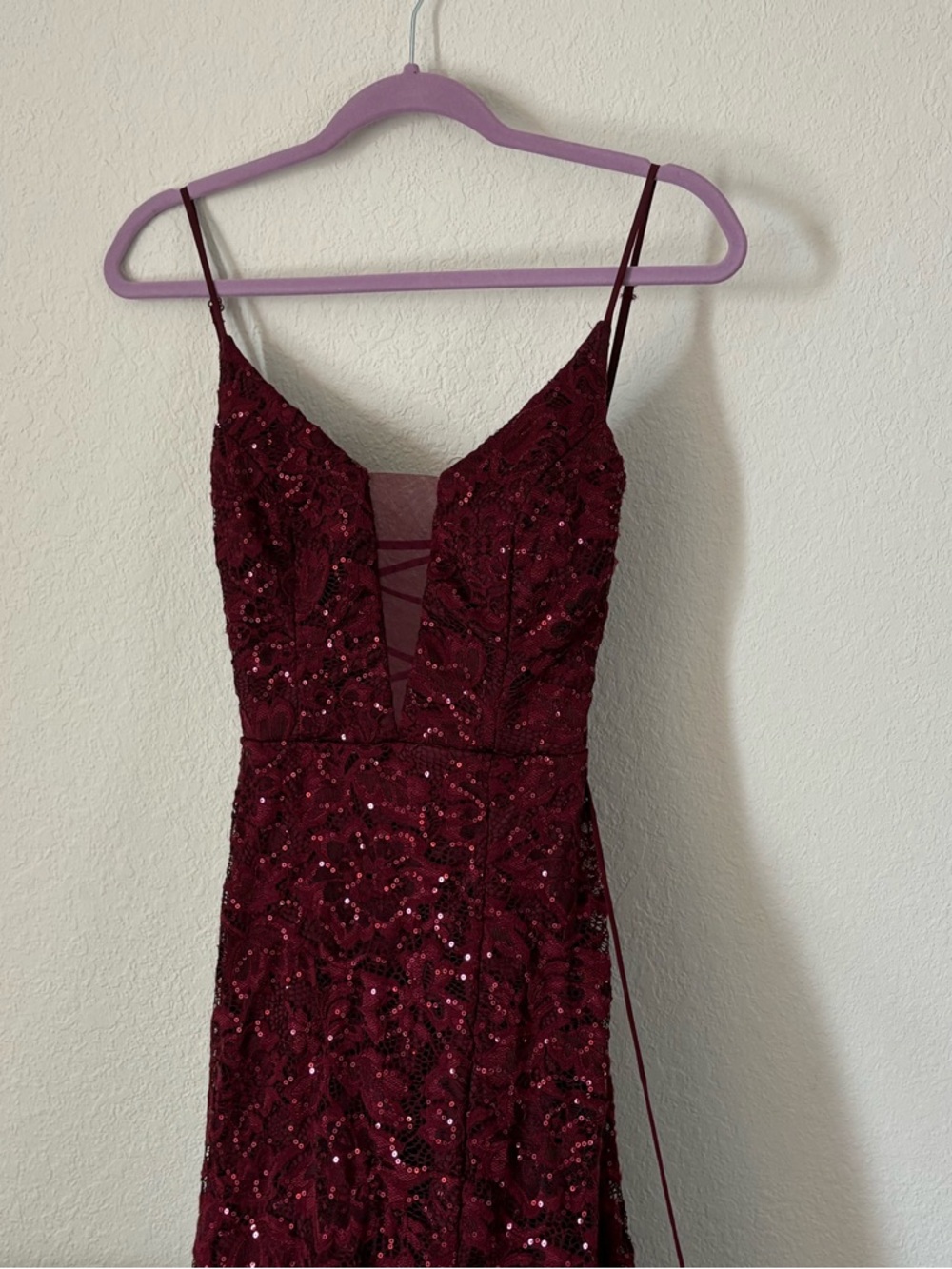 B Darlin Burgundy Sequin Lace-Up Spaghetti Strap Prom Dress